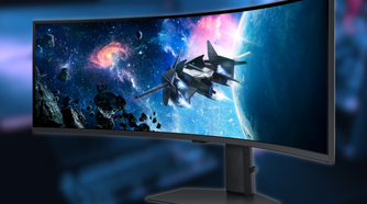 Samsung Odyssey G95c ultrawide gaming monitor on blurred background
