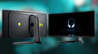Alienware 34 Curved QD-OLED Gaming Monitor on a cool blue blurred background