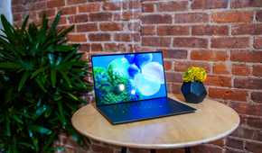 A Dell XPS 14 laptop sitting on a table next to a vase filled with flowers in front of a brick wall with a green plant in the background.