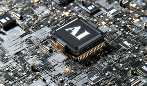 A rendered image of a processor chip on a motherboard, with the word AI on it.