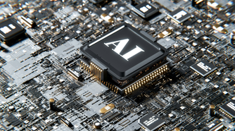 A rendered image of a processor chip on a motherboard, with the word AI on it.