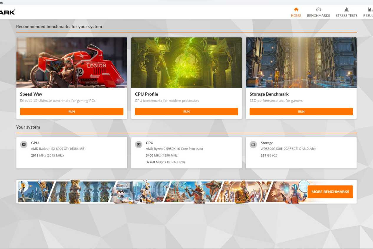 A screenshot showing all the 3DMark tests listed in its app.