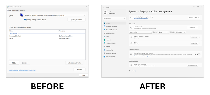 Comparison of the old and new color management pages in Windows 11