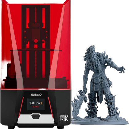 A PNG render showing the Saturn 3 12K 3D Resin Printer with a sample of a resin-made miniature next to it, all on a transparent background.