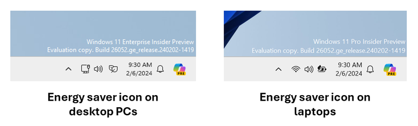 Comparison of the energy saver icons on Windows 11 desktops and laptops