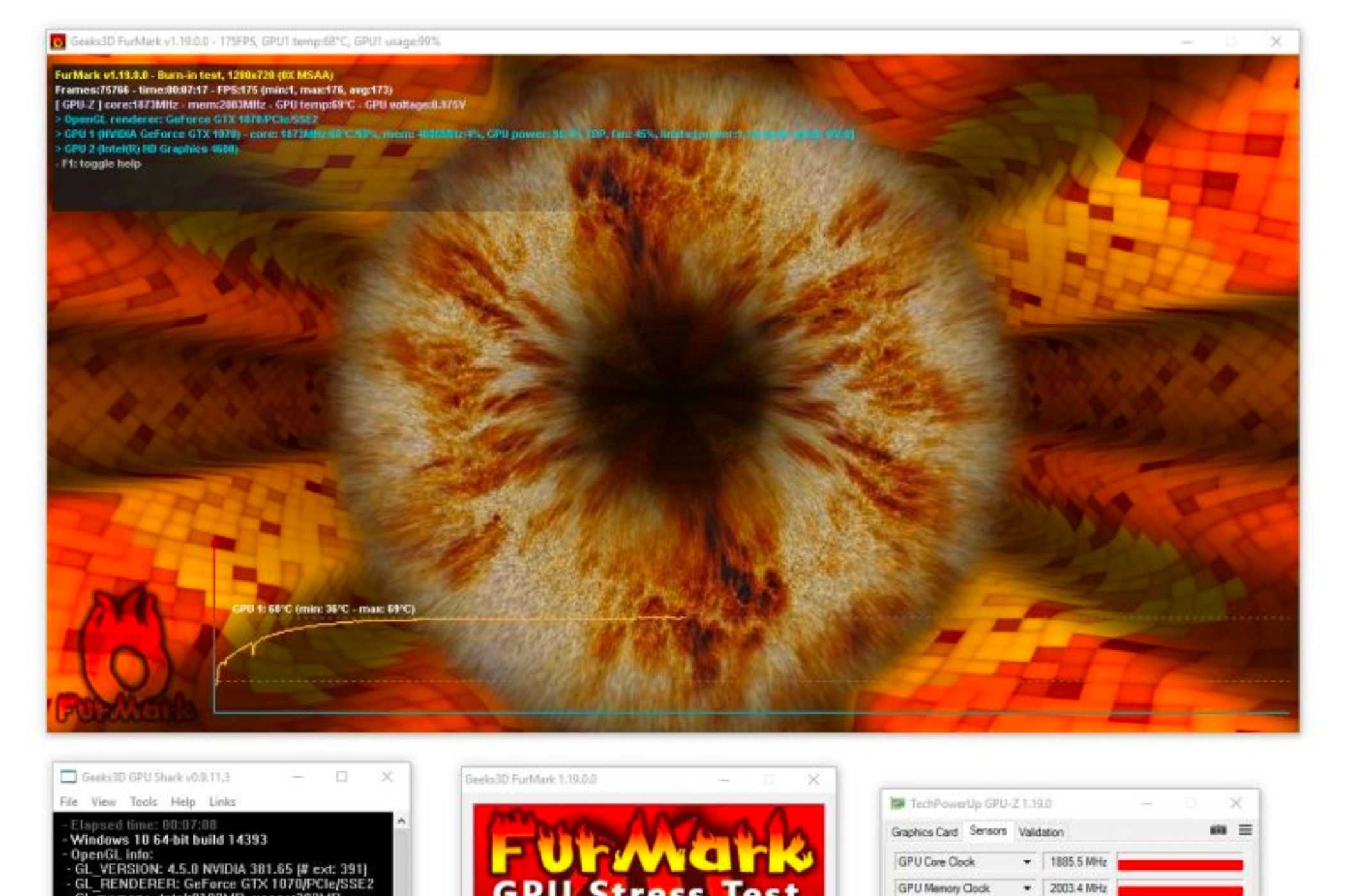 A screenshot showing the FurMark benchmark running.