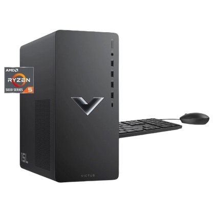 An image of the HP Victus 15L Gaming PC with a keyboard and mouse