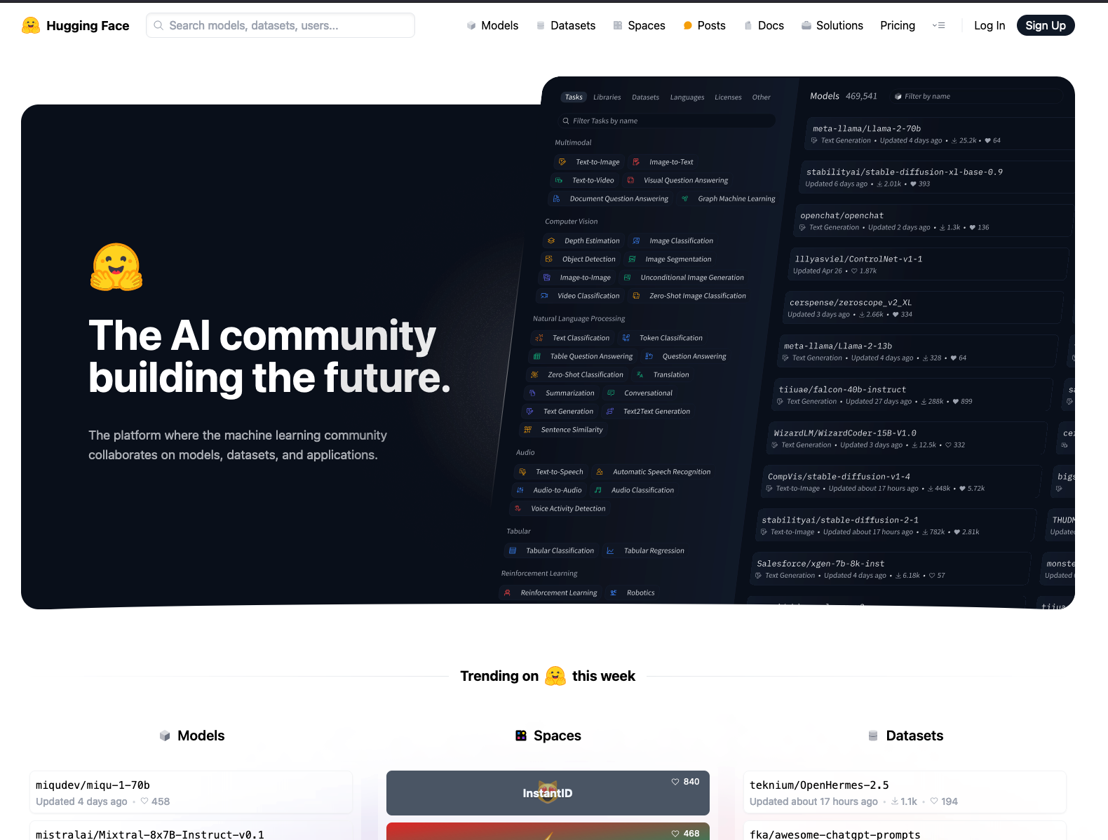 A screenshot of HuggingFace's landing page