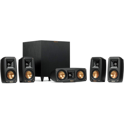 A black Klipsch Black Reference Theater Pack 5.1 Surround Sound System product shot showing the subwoofer and five speakers.