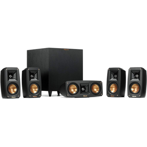 A black Klipsch Black Reference Theater Pack 5.1 Surround Sound System product shot showing the subwoofer and five speakers.