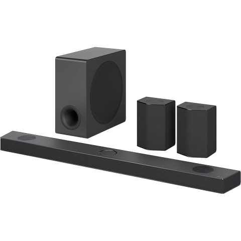 A LG S95QR Sound Bar with Surround Speakers system showing the soundbar, subwoofer, and two satellite speakers.