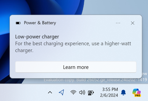 Low wattage charger warning on Windows 11