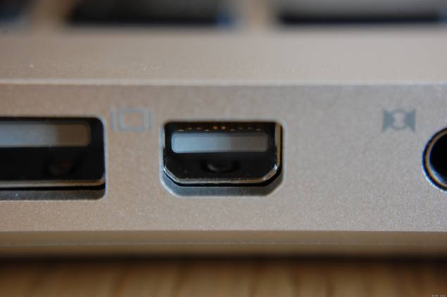 A mini DisplayPort connection on a MacBook Pro