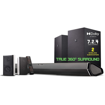A Nakamichi 7.2.4Ch 800W Dolby Atmos Soundbar system product shot showing the soundbar and satellite speakers.