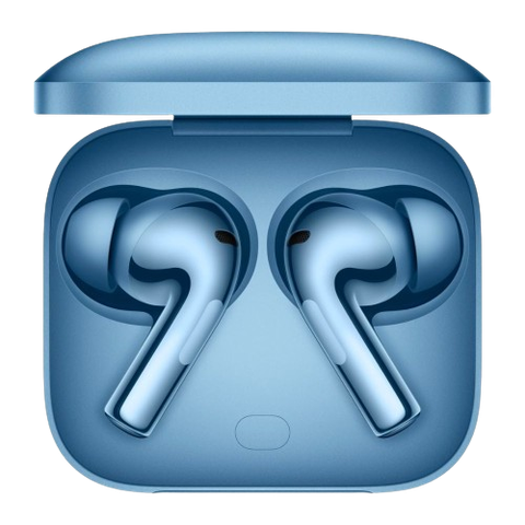 An image showing a pair of OnePlus Buds 3 earbuds sitting inside their charging case in blue color.