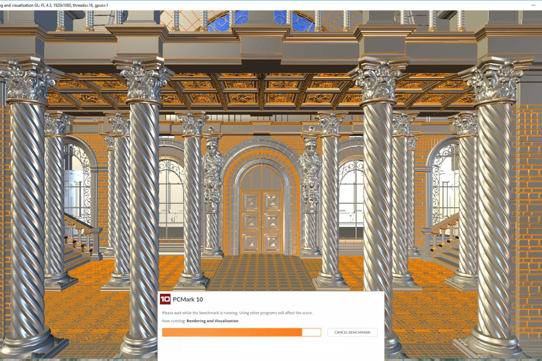 A screenshot showing the PCMark 10 benchmark running GPU rendering test.