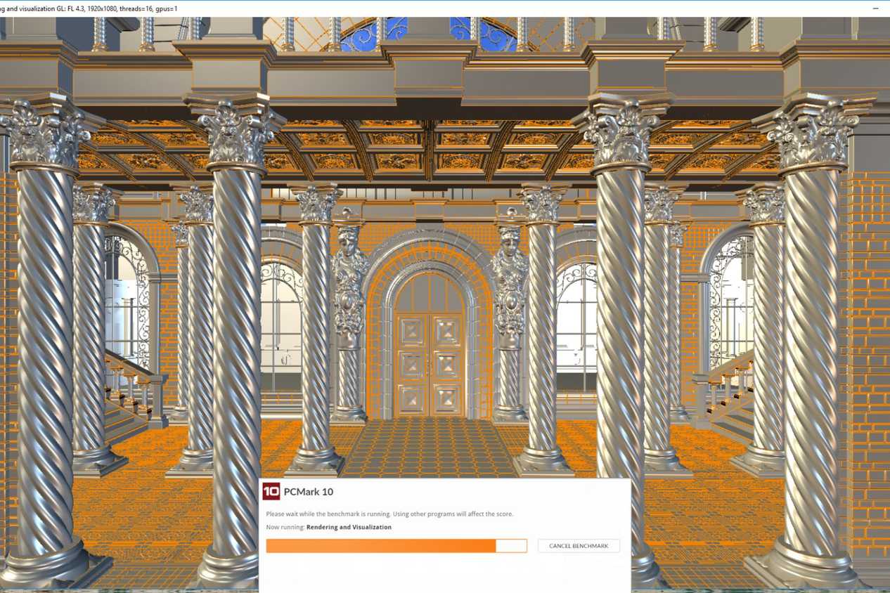 A screenshot showing the PCMark 10 benchmark running GPU rendering test.