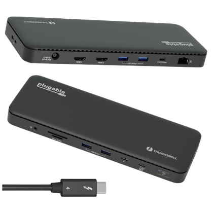 Front and back view of the Plugable TBT4-UD5 Thunderbolt 4 docking station