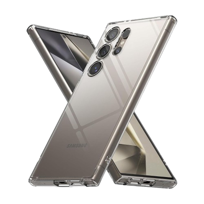 An image showing the Ringke Fusion clear case installed on a duo of Galaxy S24 Ultra.