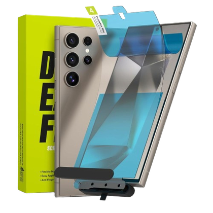 An image showing the Ringke Easy Film protector being installed on a Galaxy S24 Ultra.