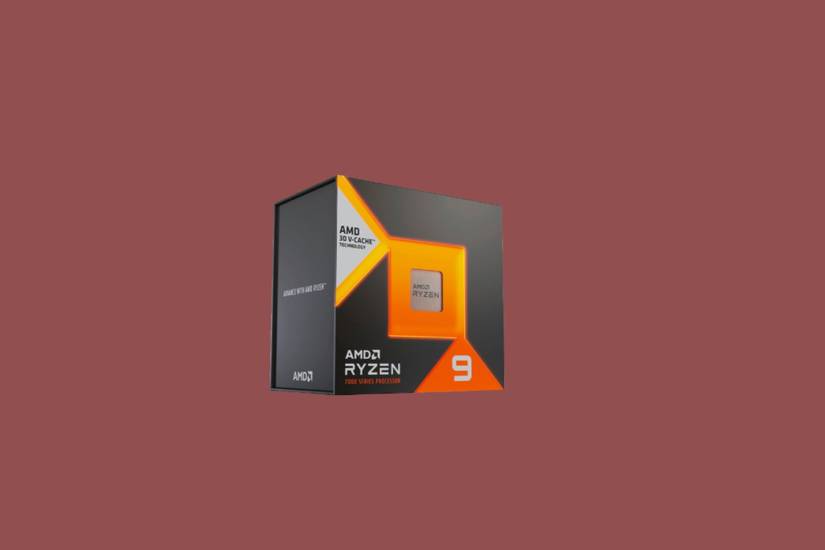 A Ryzen 9 7950X3D render placed on a maroon background