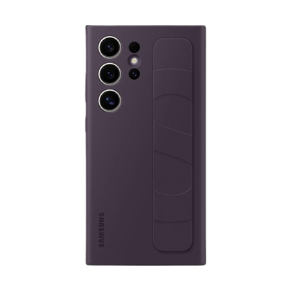 A render of the Samsung Standing Grip case installed on a Galaxy S24 Ultra in Dark Violet color.