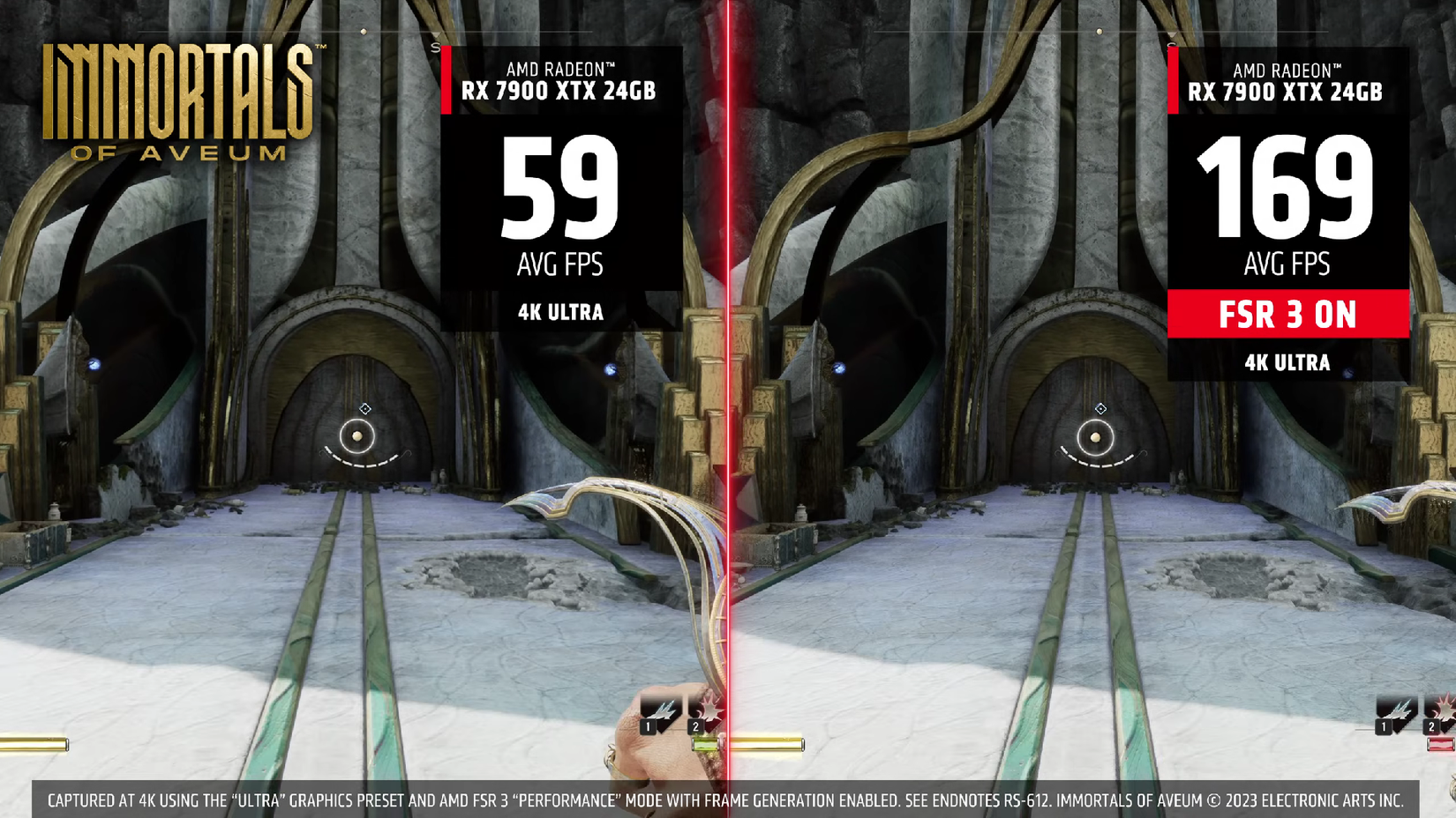 A split screen view of immortals of Aveum, showing FPS difference wit FSR 3 on and off