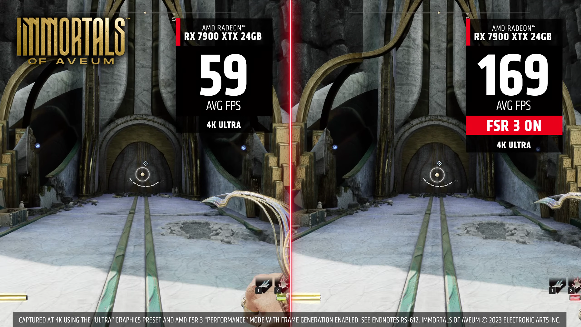 A split screen view of immortals of Aveum, showing FPS difference wit FSR 3 on and off