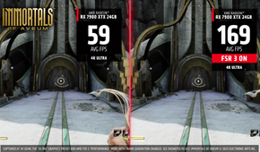 A split screen view of immortals of Aveum, showing FPS difference wit FSR 3 on and off