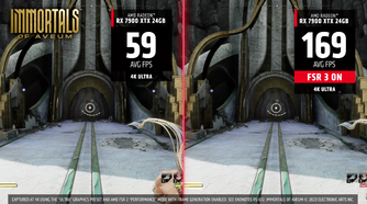 A split screen view of immortals of Aveum, showing FPS difference wit FSR 3 on and off
