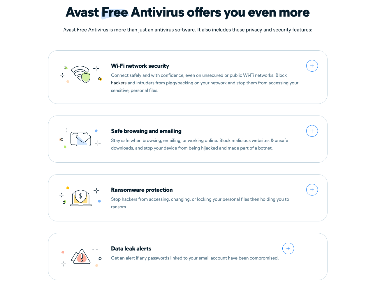 A screenshot showing Avast Antivirus' features.