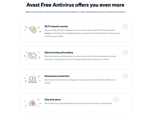 A screenshot showing Avast Antivirus' features.