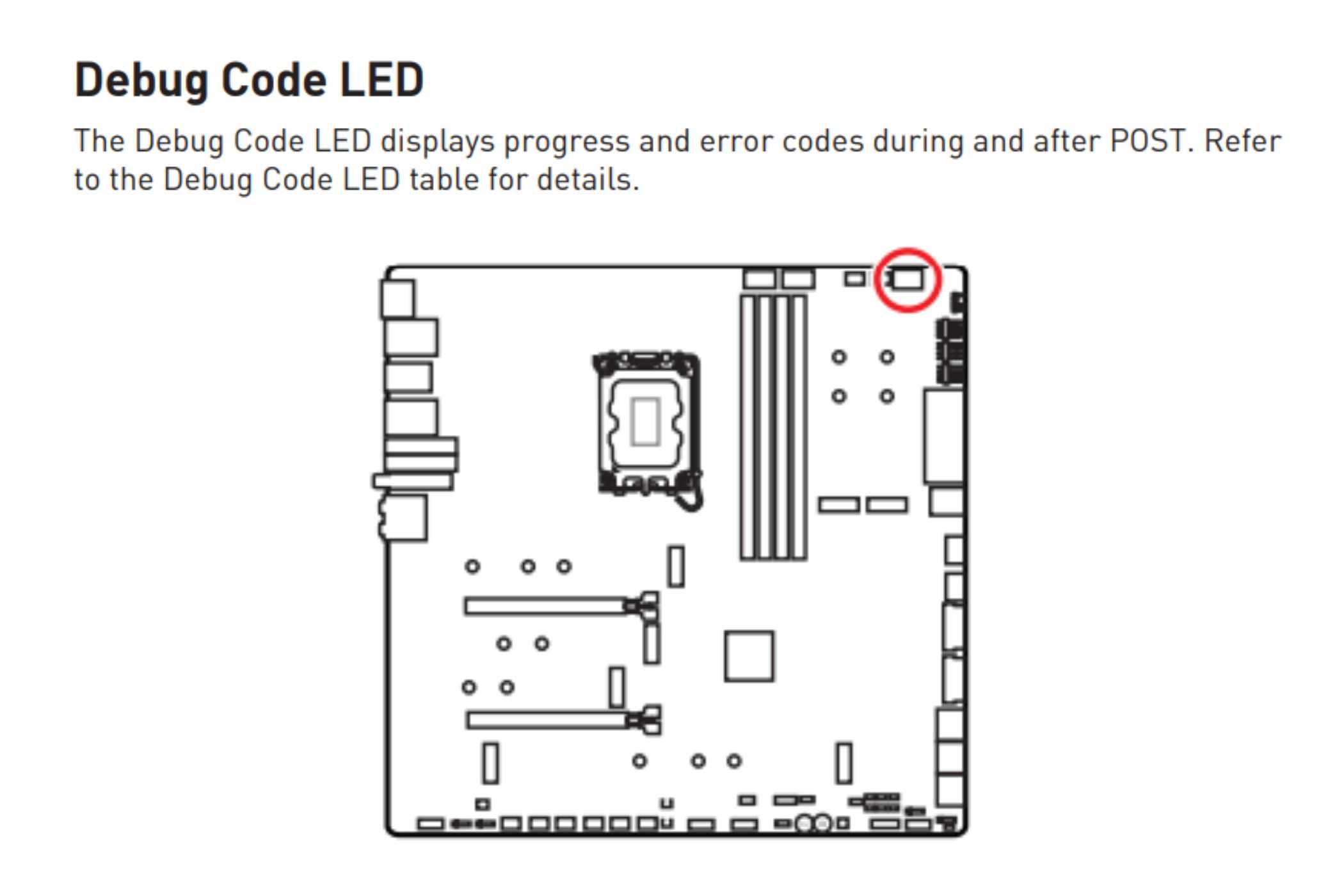 A screenshot highlighting the Debug Code LED location on MSI motherboards