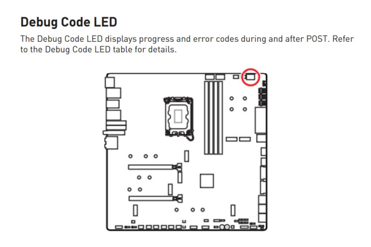 A screenshot highlighting the Debug Code LED location on MSI motherboards