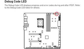 A screenshot highlighting the Debug Code LED location on MSI motherboards