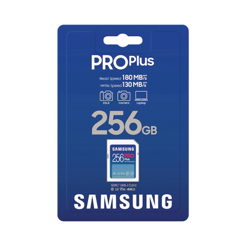 A render of the Samsung Pro Plus Full Size SDXC in it's box on a transparent background.