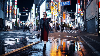Frame saved from the Sora OpenAI video generated of a Tokyo woman walking