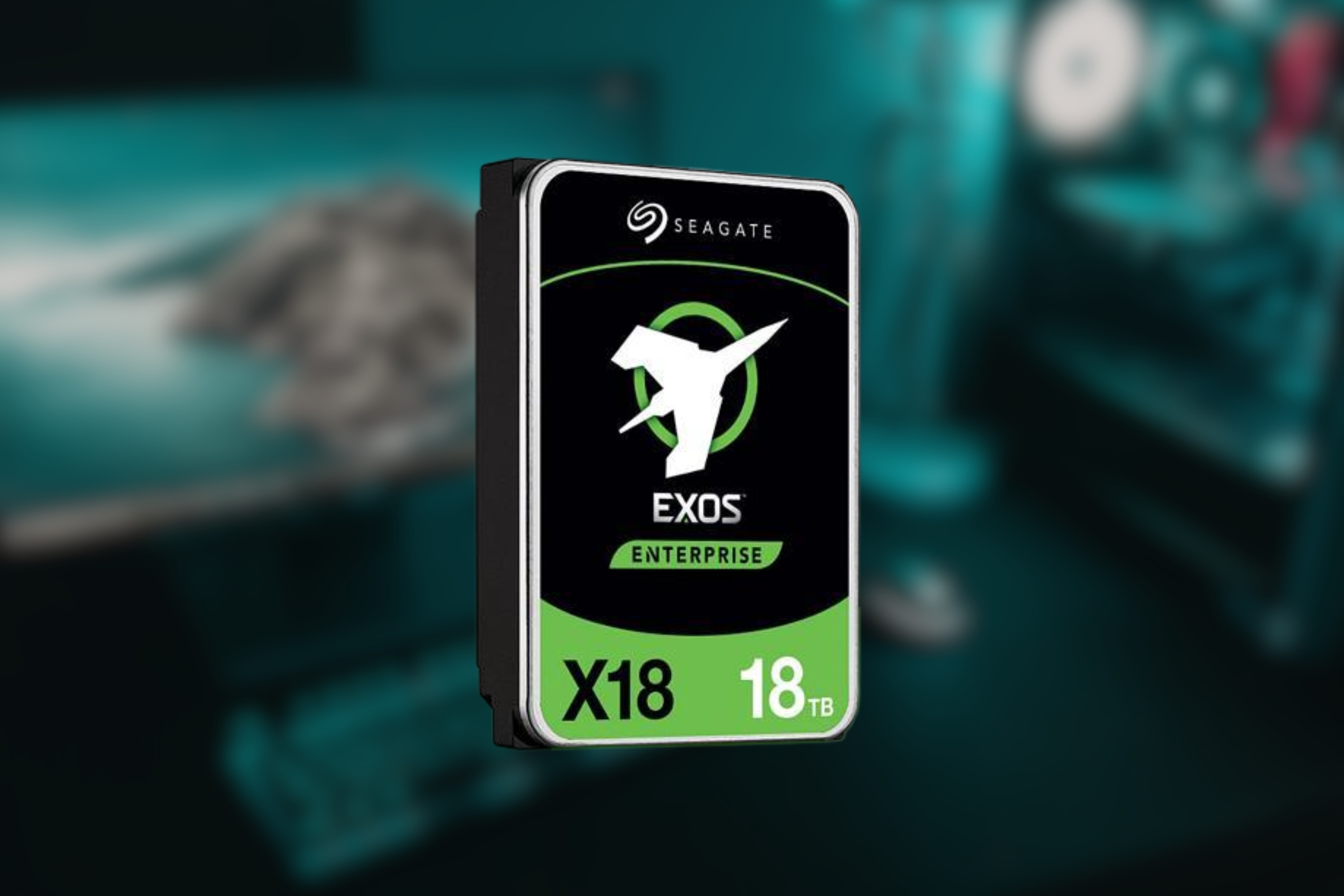 Seagate 18TB Exos X18 HDD on blurred background 
