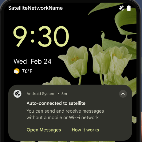 Android 15 Developer Preview 2 showing "Auto-connected to satellite" notification