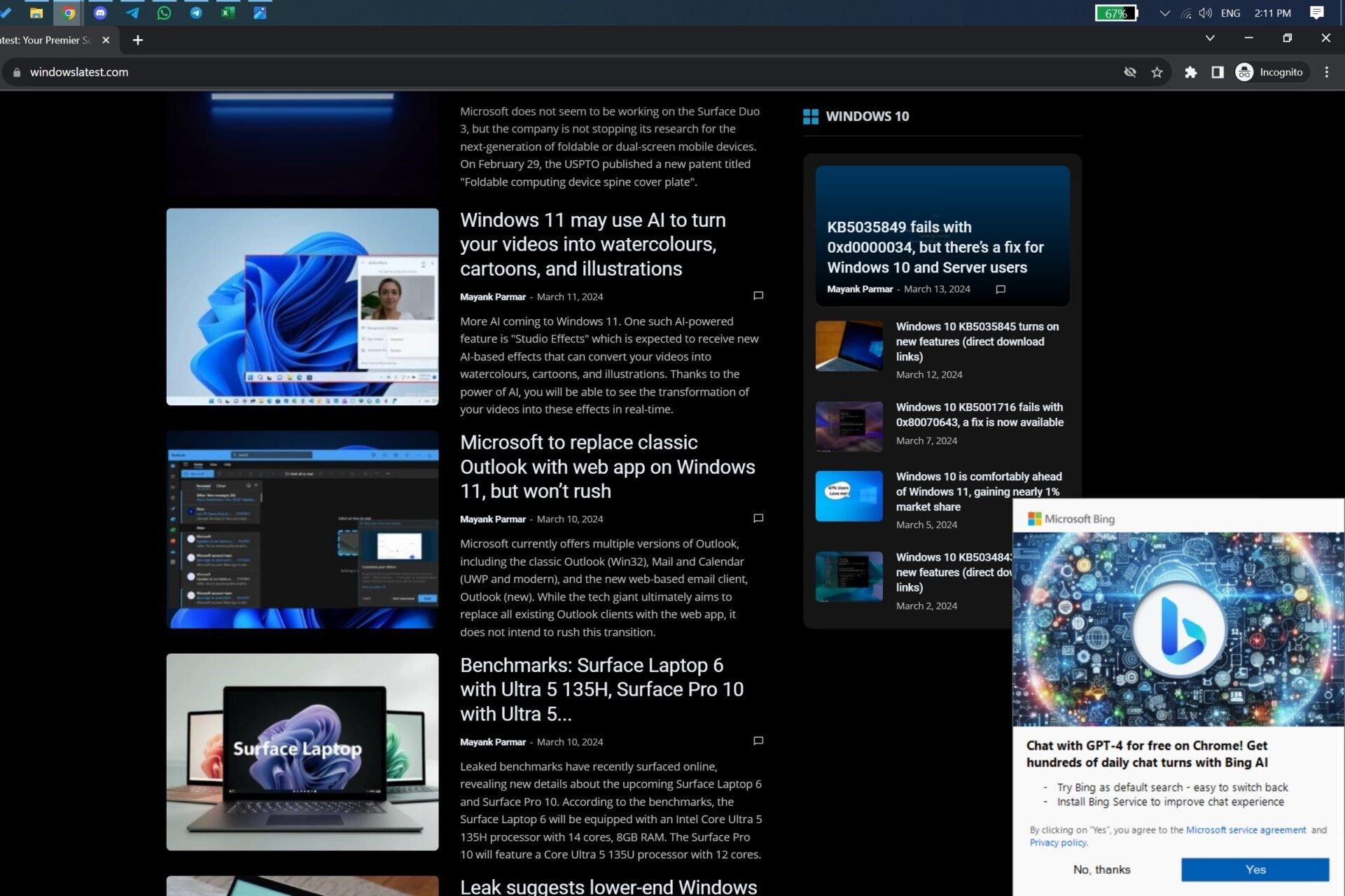 A Windows pop-up notification asking Chrome users to switch to Bing