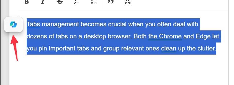 Copilot in Microsoft Edge text editor