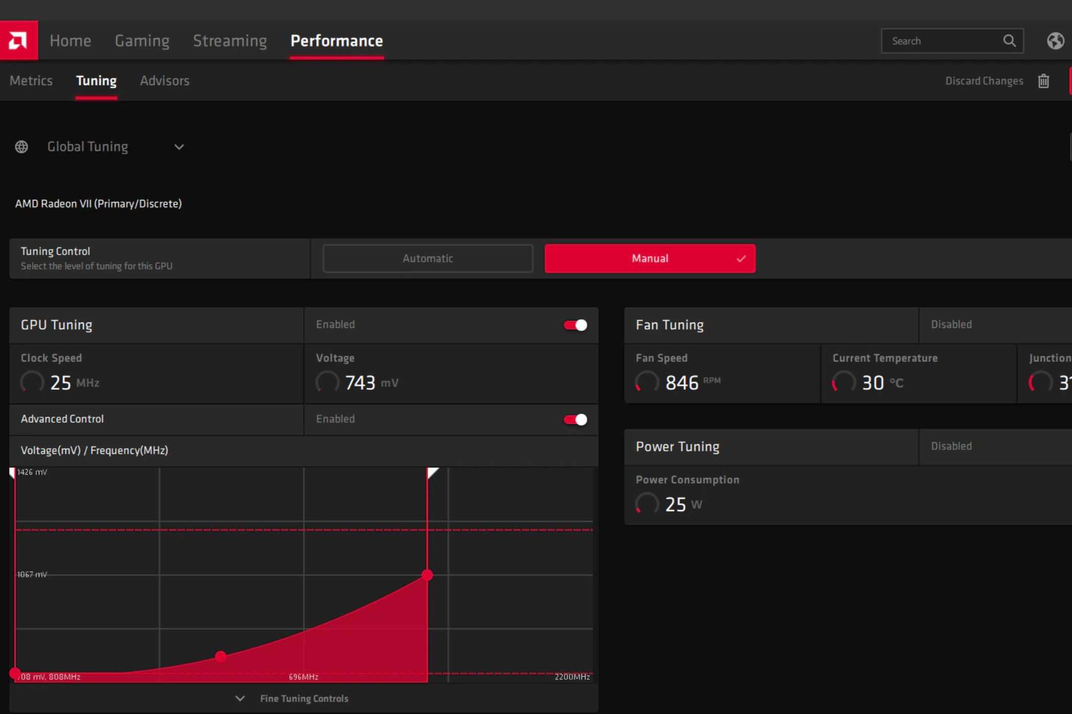 A screenshot showing the frequency tuning options for GPU overclocking in AMD software.