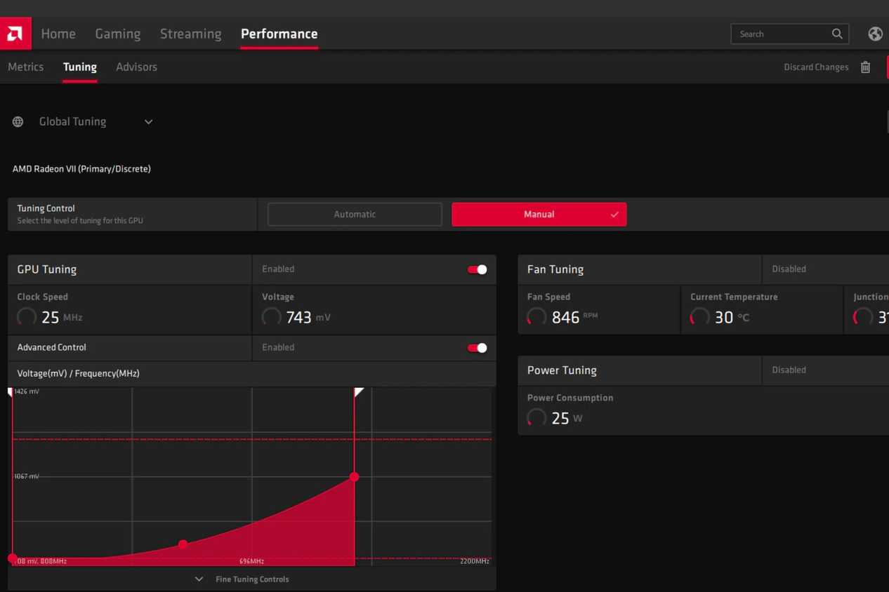 A screenshot showing the frequency tuning options for GPU overclocking in AMD software.