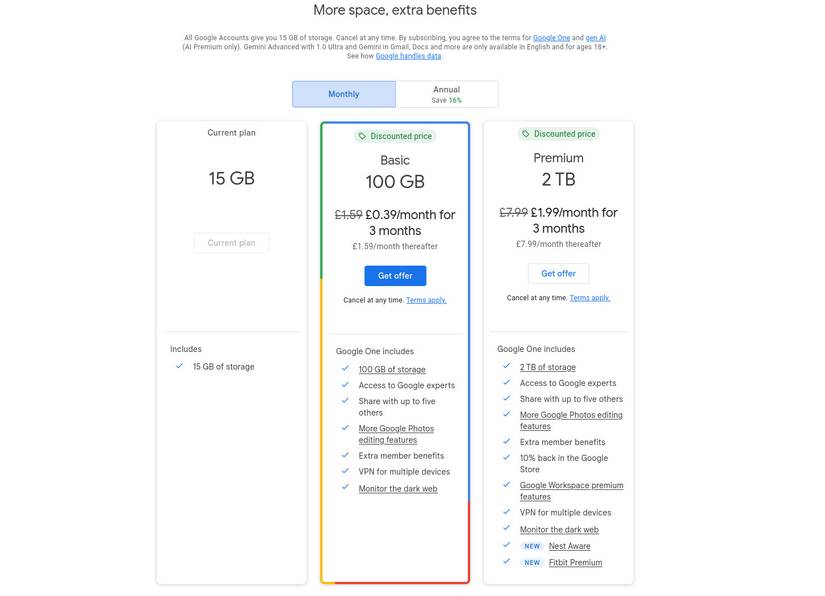 Google One plan pricing