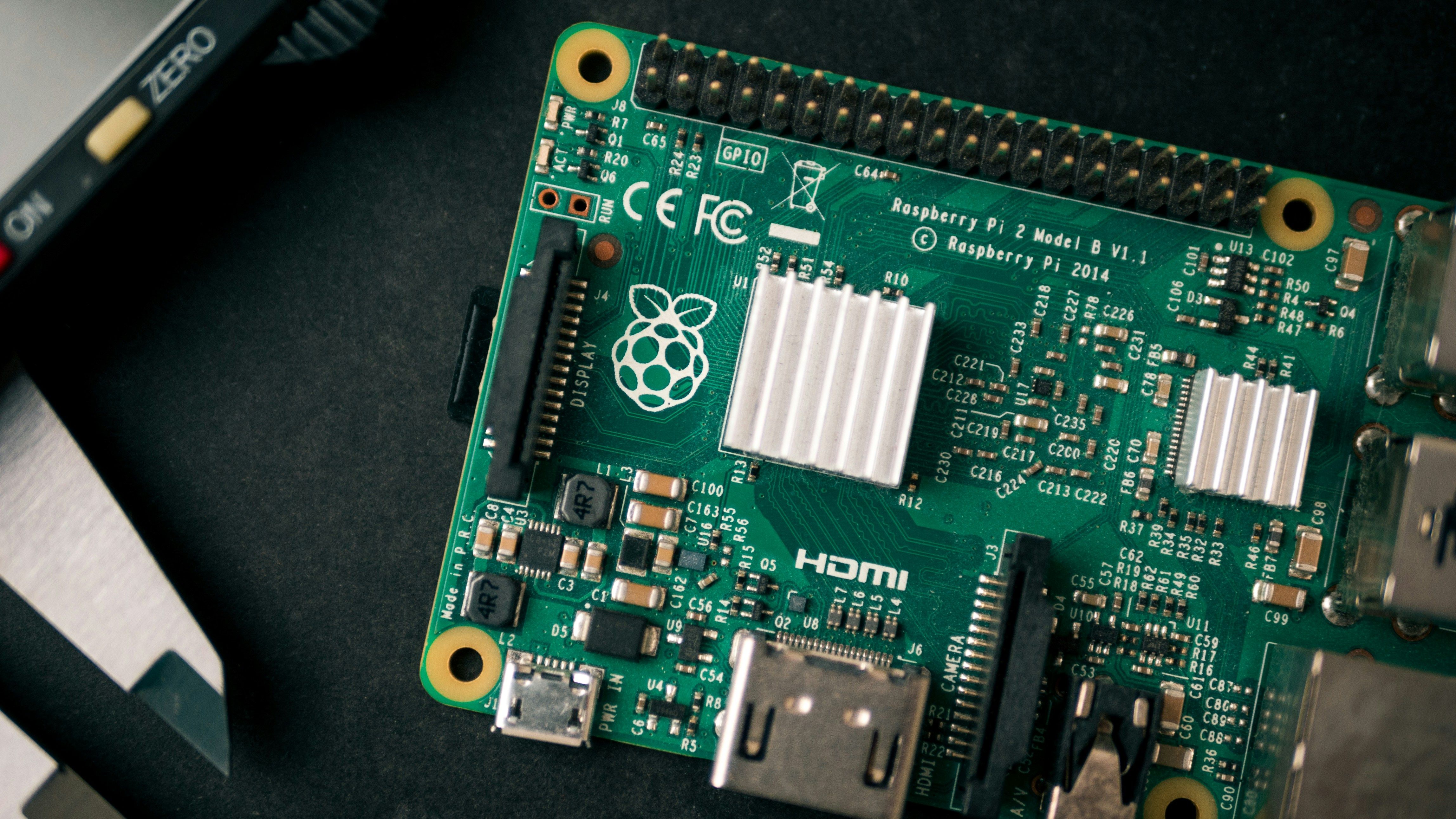 Top-down image of a raspberry pi model 2.