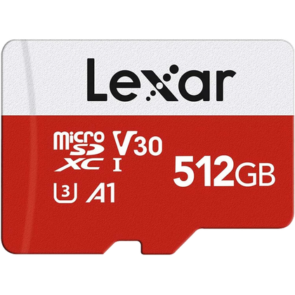 A Lexar E-Series 512GB Micro SD Card seen from the front.