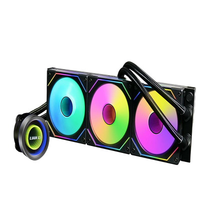A PNG render of the Lian Li Galahd Trinity II 360mm liquid cooler on a transparent background.