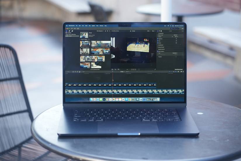 MacBook Air outside on a picnic table