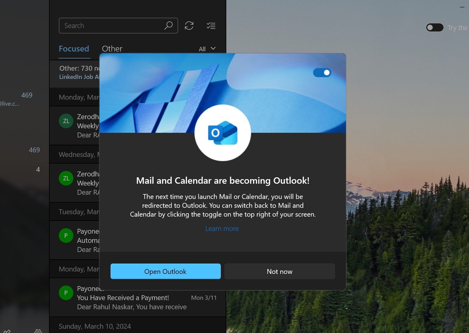 Mail and Calendar notification