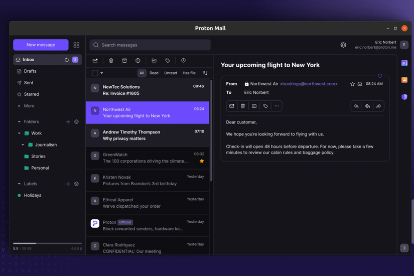 Proton Mail app running on Linux